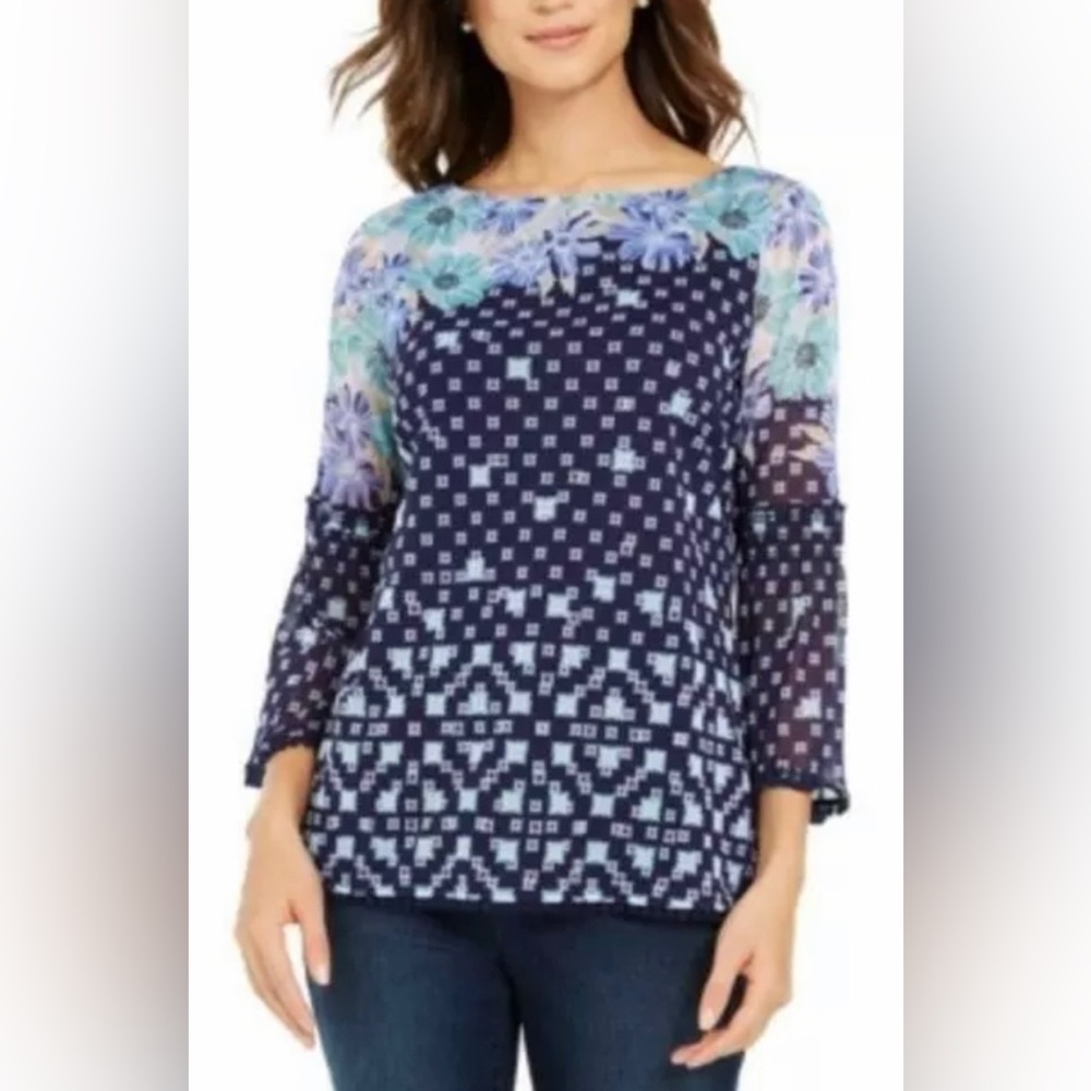 Charter Club Womens Knit Mesh Tunic Top Size S,L Blue Floral Lace Trim Lined NEW